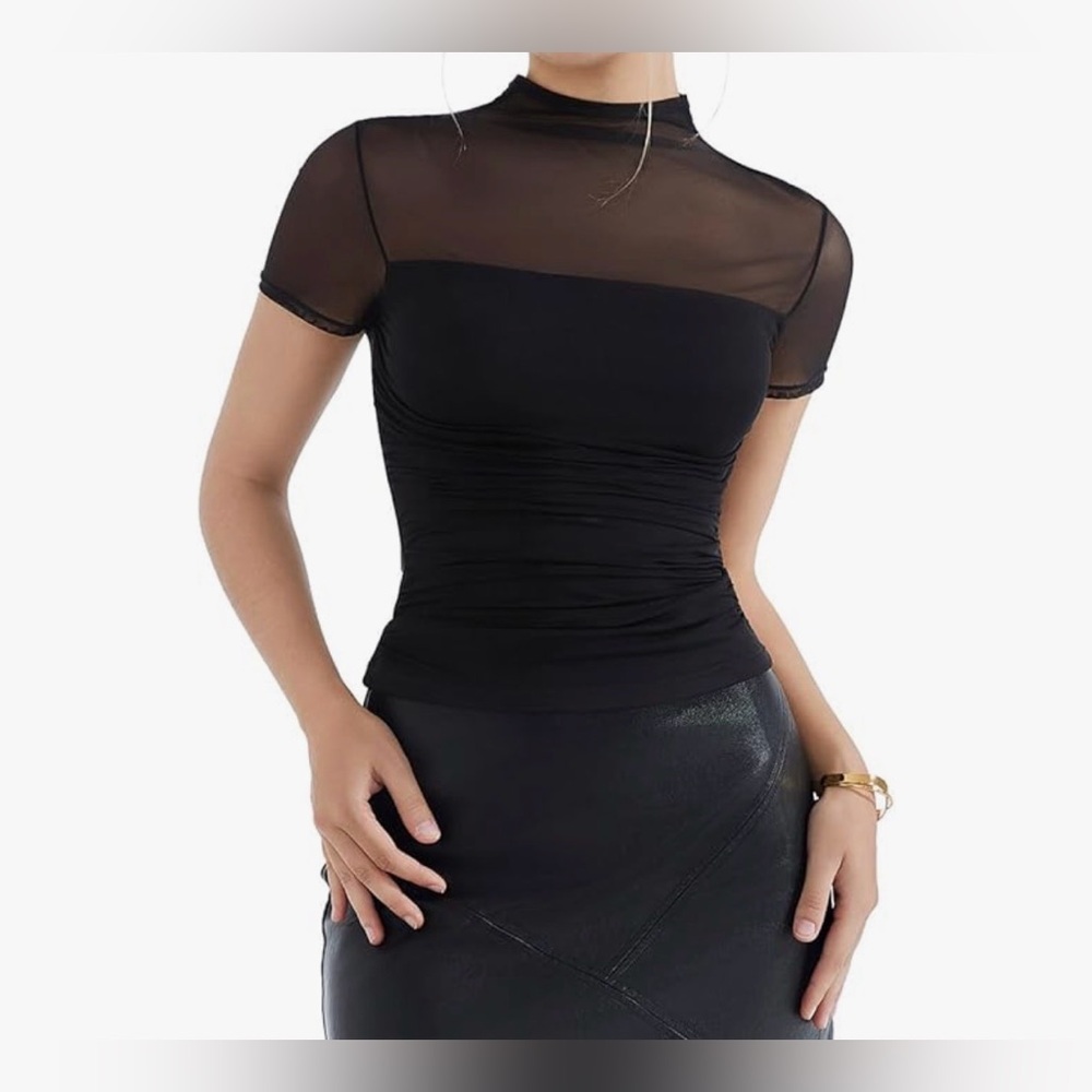SUUKSESS Women Sexy Mesh Sheer Short Sleeve Tops Mock Neck